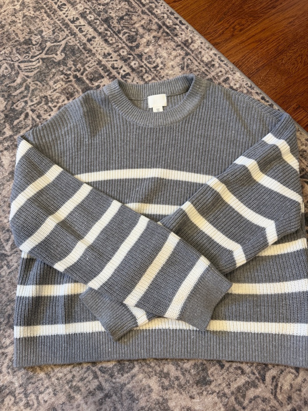 H&M Gray & White Striped Crewneck Sweater